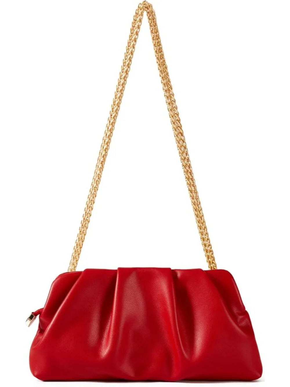 👜Women's Red Leather Ruched Clutch Purse Detachable Metal Chain Crossbody Bag